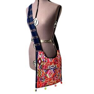 Bohemian Embordered Crossbody Hobo Bag Purse Boho Colorful Woven pom Tassels Zip